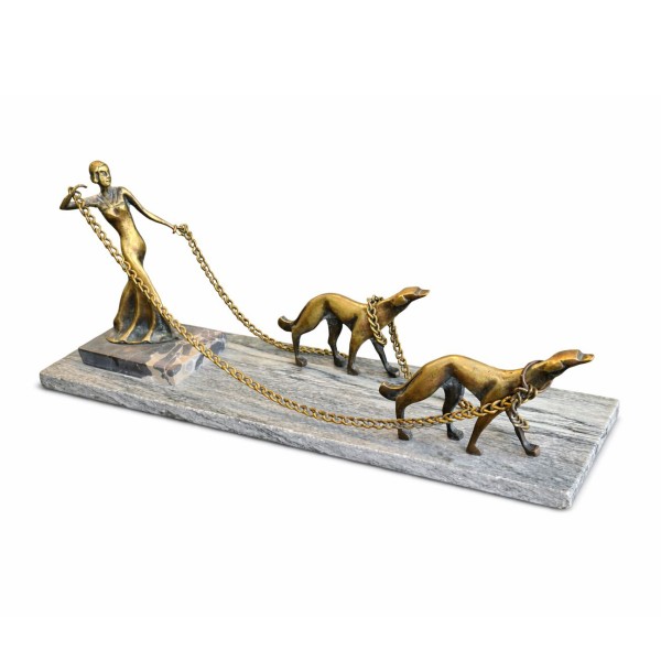 Art Deco Bronze Sculpture – Lady with Greyhounds Art Deco Bronze Sculpture – Lady with Greyhounds