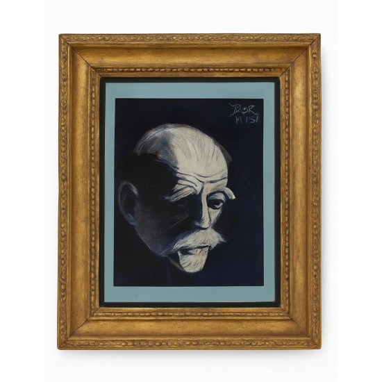Vintage Framed Portrait Drawing of an Elderly Man